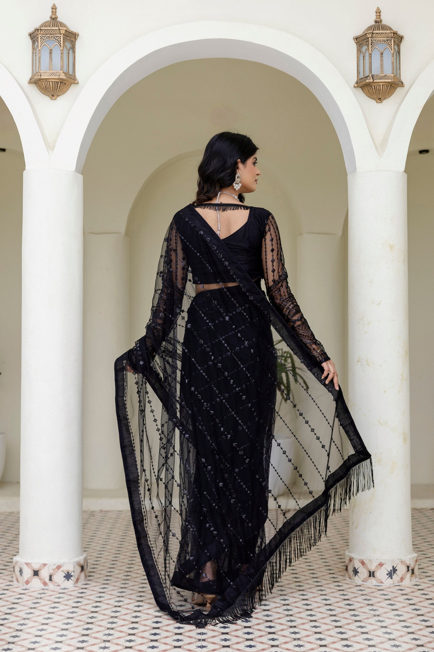 Black Soft Mono Net Sequins Embroidered Saree with Unstitched Blouse Piece