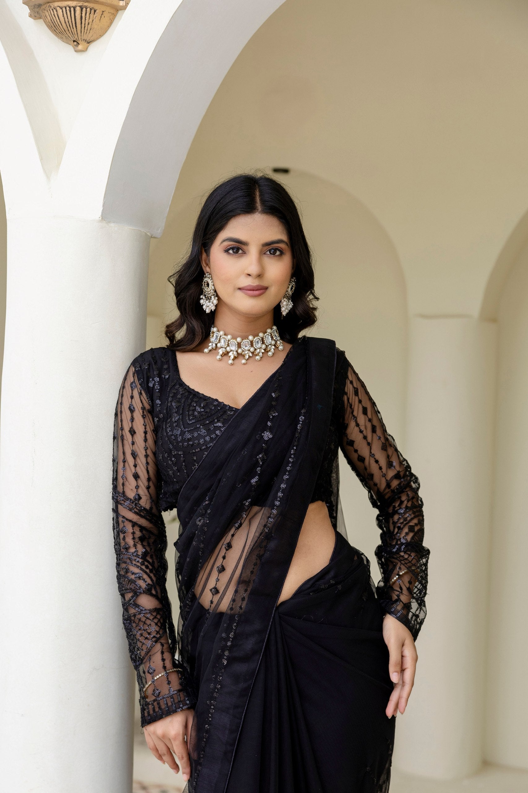 Black Soft Mono Net Sequins Embroidered Saree with Unstitched Blouse Piece