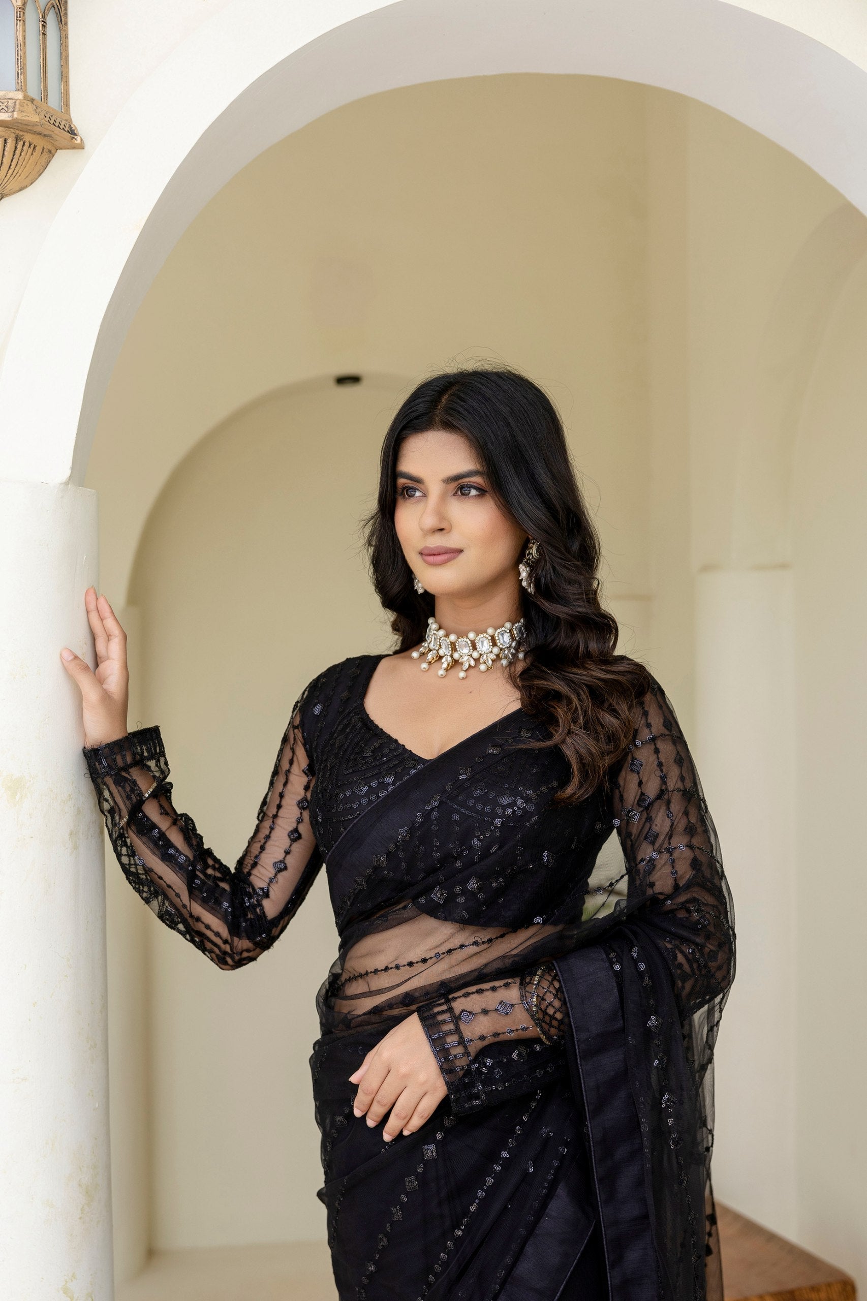 Black Soft Mono Net Sequins Embroidered Saree with Unstitched Blouse Piece
