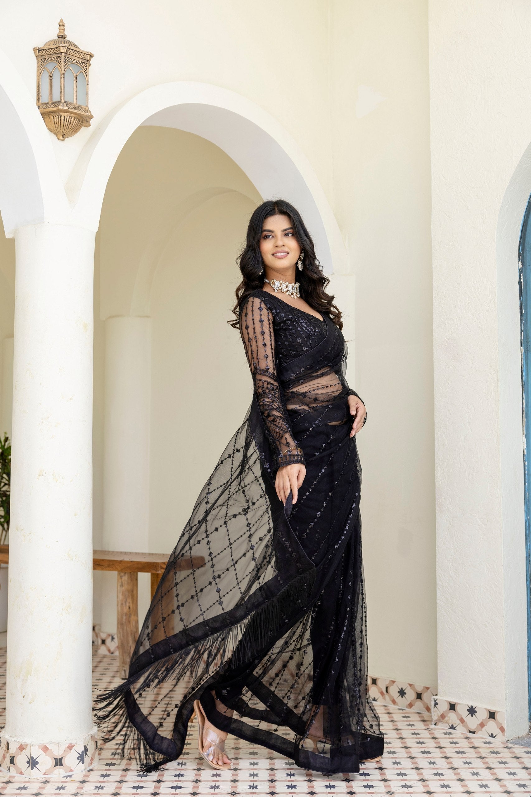 Black Soft Mono Net Sequins Embroidered Saree with Unstitched Blouse Piece