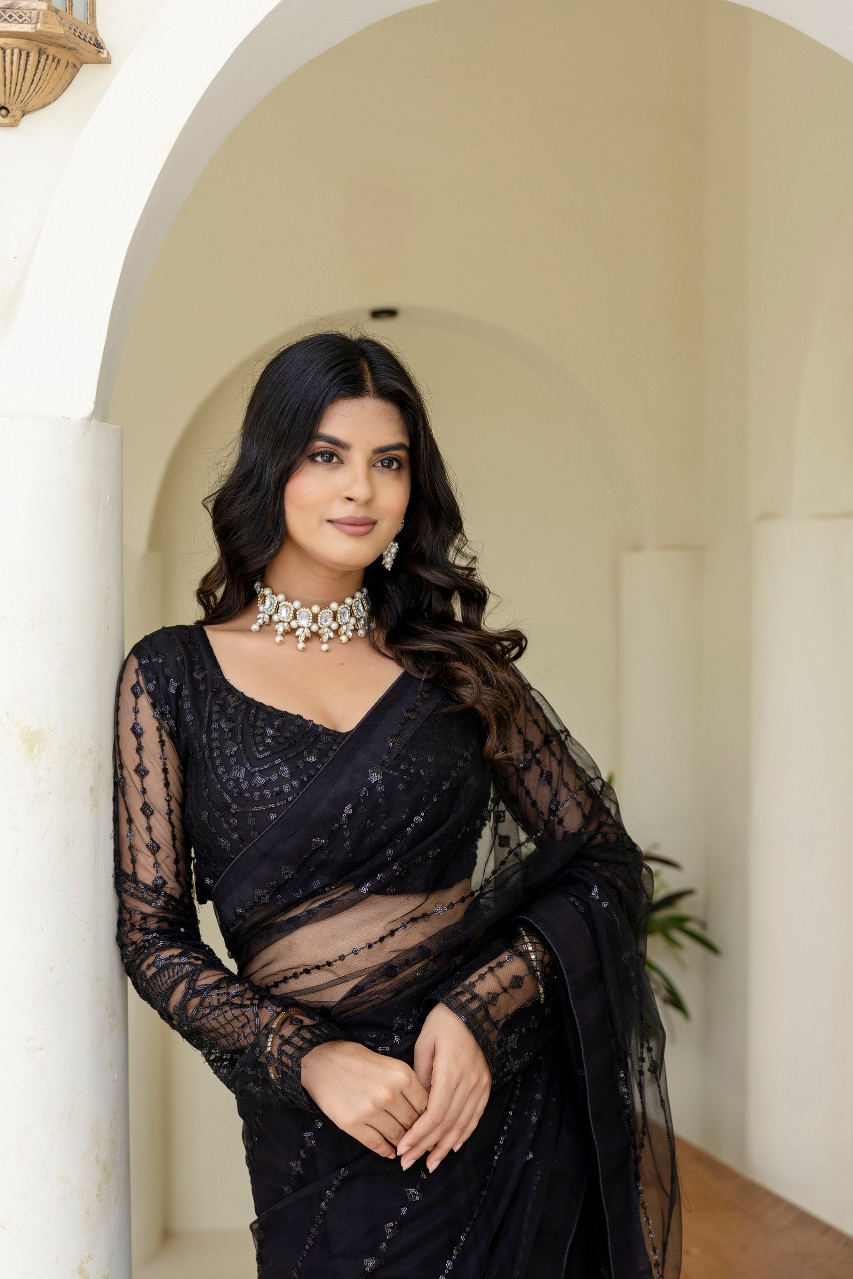 Black Soft Mono Net Sequins Embroidered Saree with Unstitched Blouse Piece
