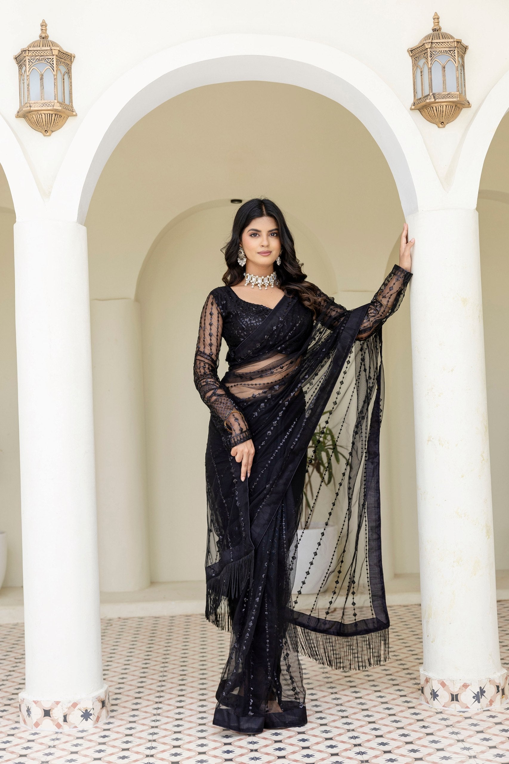 Black Soft Mono Net Sequins Embroidered Saree with Unstitched Blouse Piece