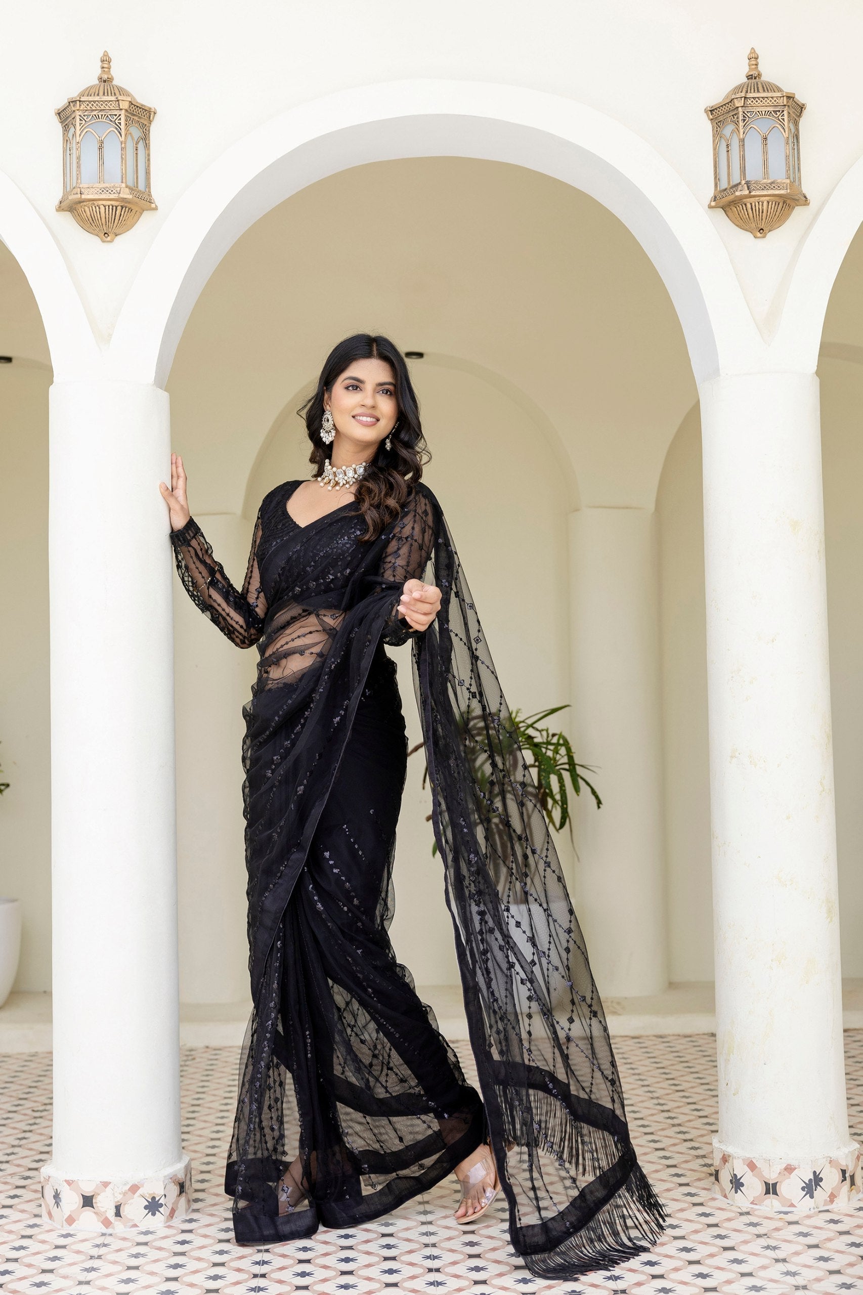 Black Soft Mono Net Sequins Embroidered Saree with Unstitched Blouse Piece