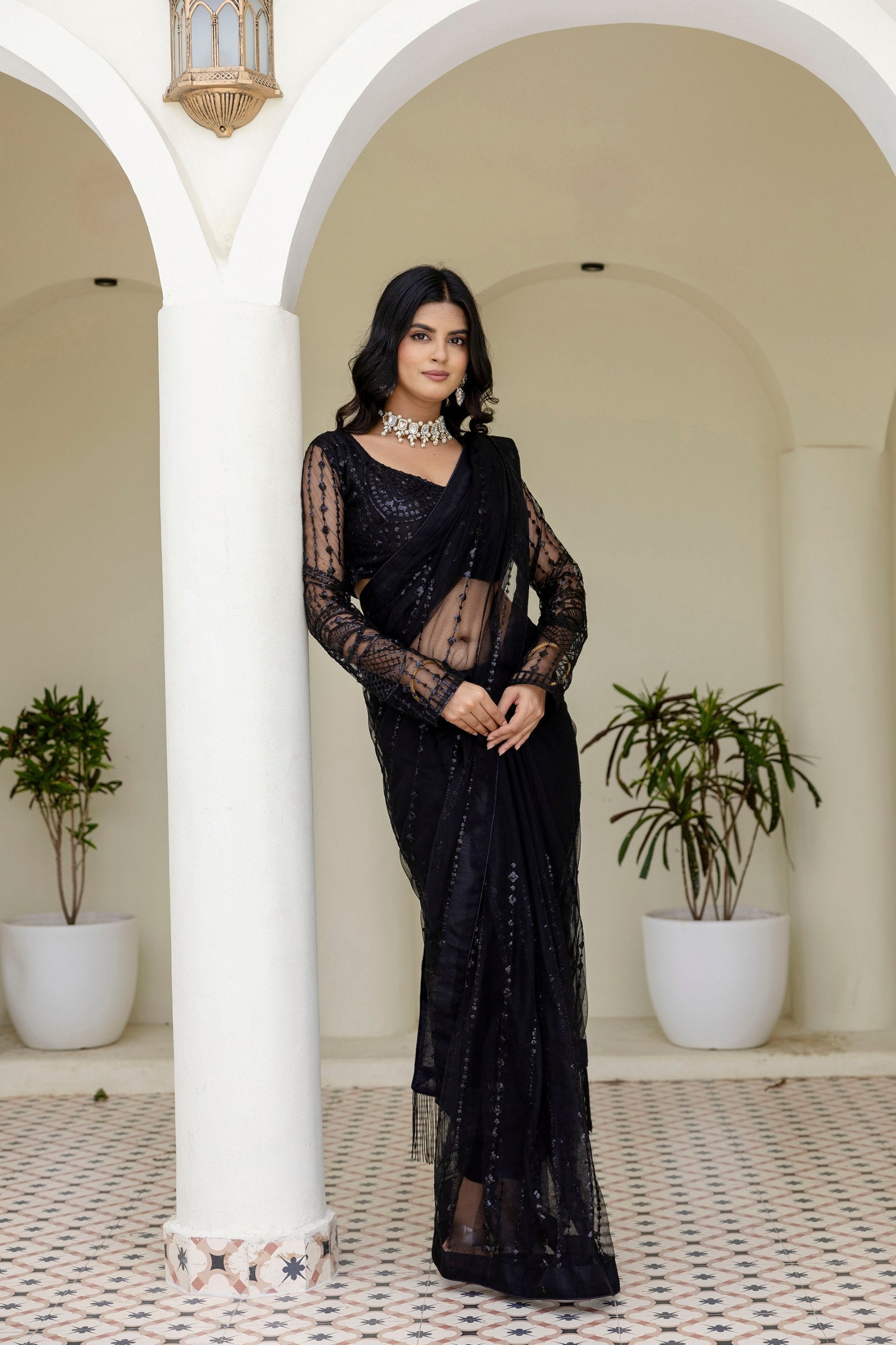Black Soft Mono Net Sequins Embroidered Saree with Unstitched Blouse Piece