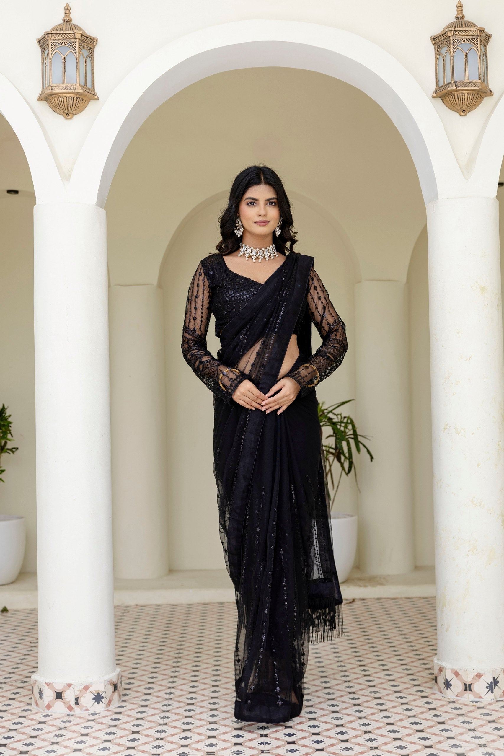 Black Soft Mono Net Sequins Embroidered Saree with Unstitched Blouse Piece