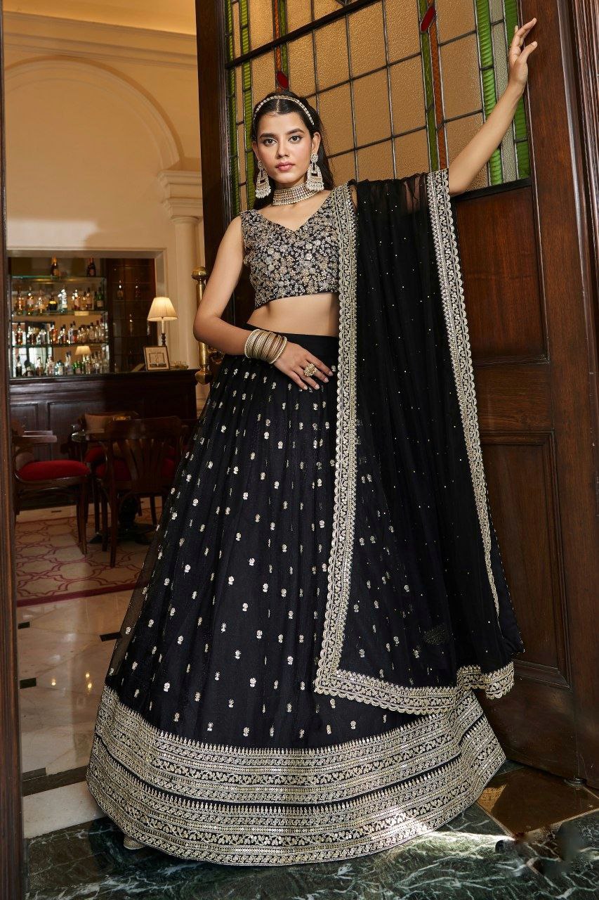 Black Soft Net Designer Lehenga Set with Heavy Zari, Dori & Sequins Work – Semi-Stitched Lehenga, Unstitched Art Silk Blouse & Net Dupatta