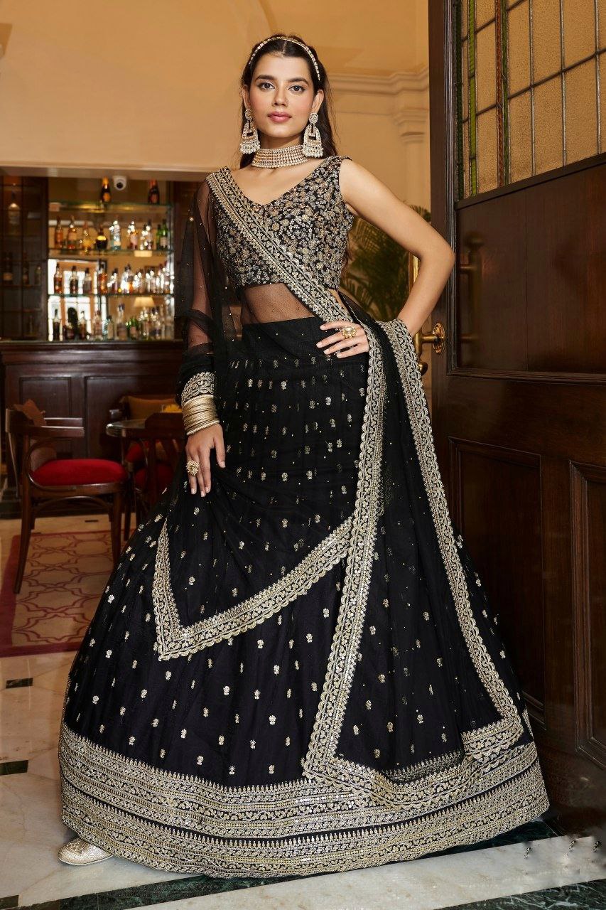 Black Soft Net Designer Lehenga Set with Heavy Zari, Dori & Sequins Work – Semi-Stitched Lehenga, Unstitched Art Silk Blouse & Net Dupatta