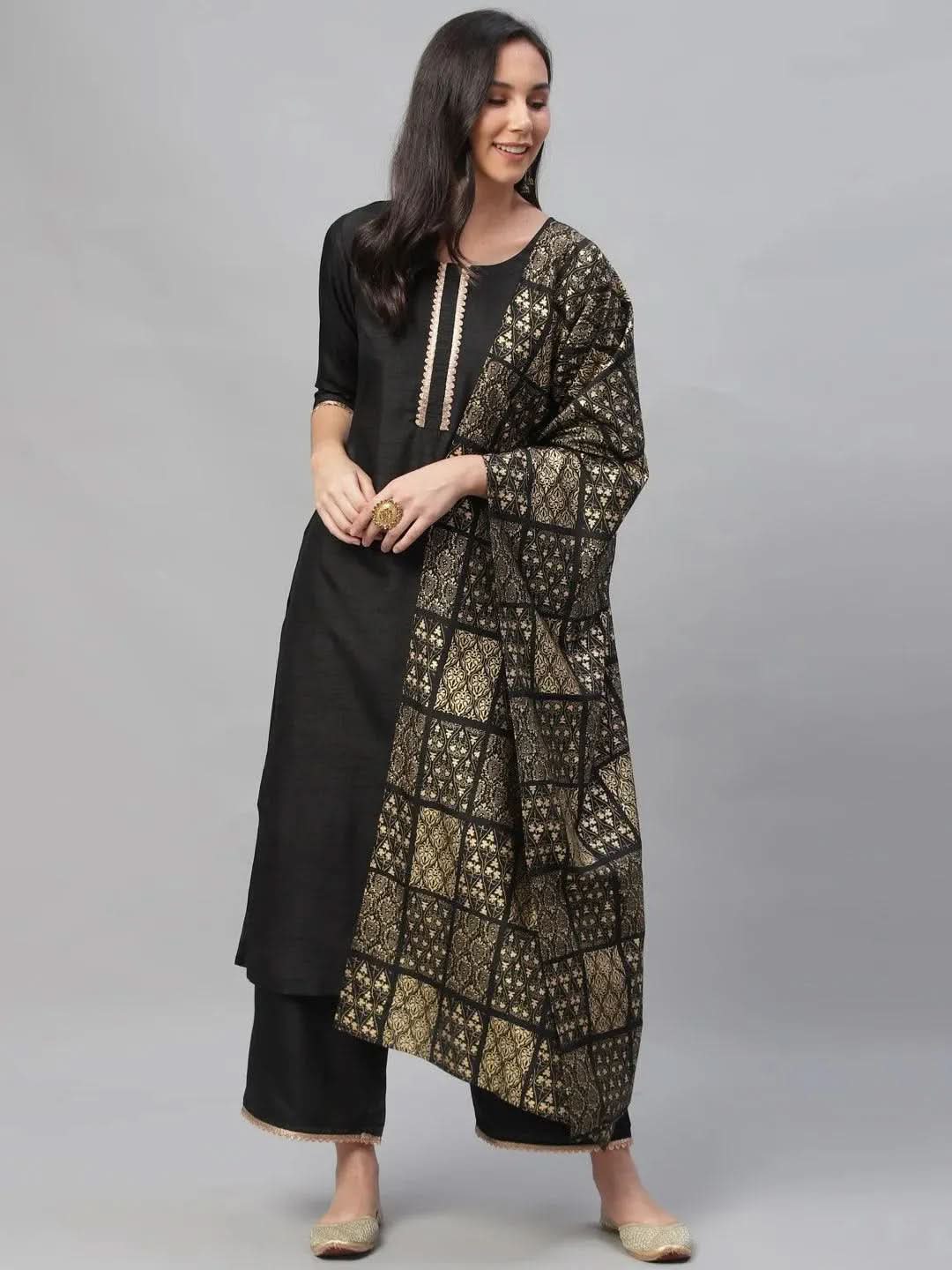 Anouk Black Solid Polyester Straight Kurta With Palazzos & Dupatta