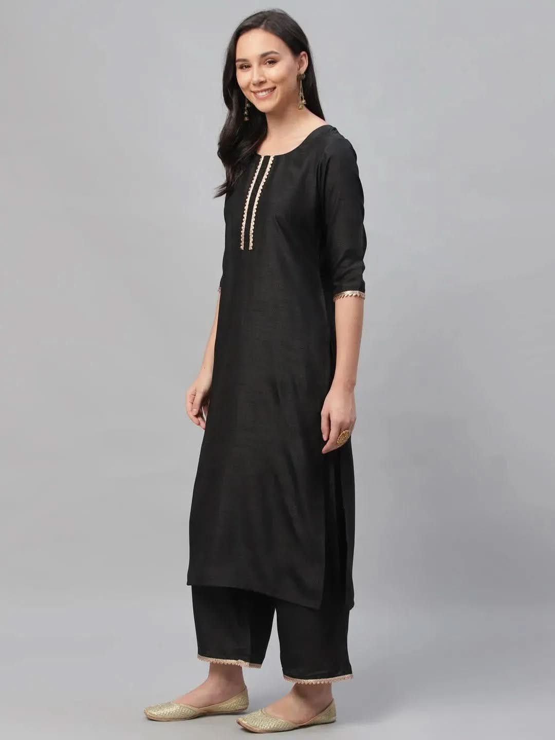 Anouk Black Solid Polyester Straight Kurta With Palazzos & Dupatta