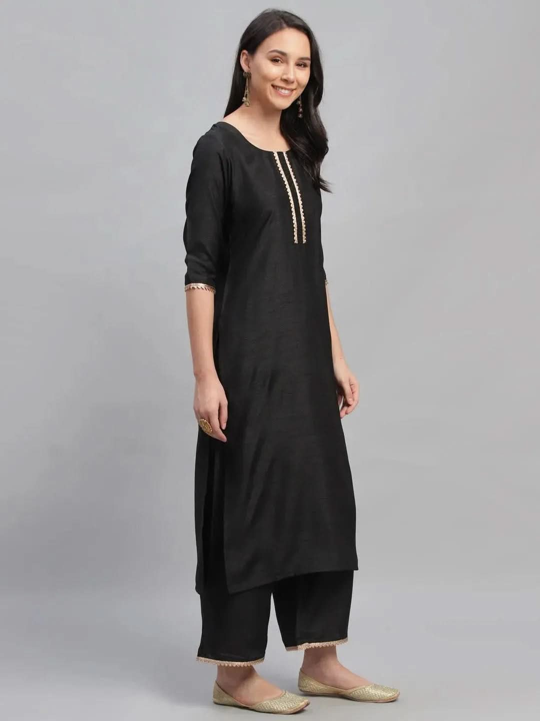 Anouk Black Solid Polyester Straight Kurta With Palazzos & Dupatta