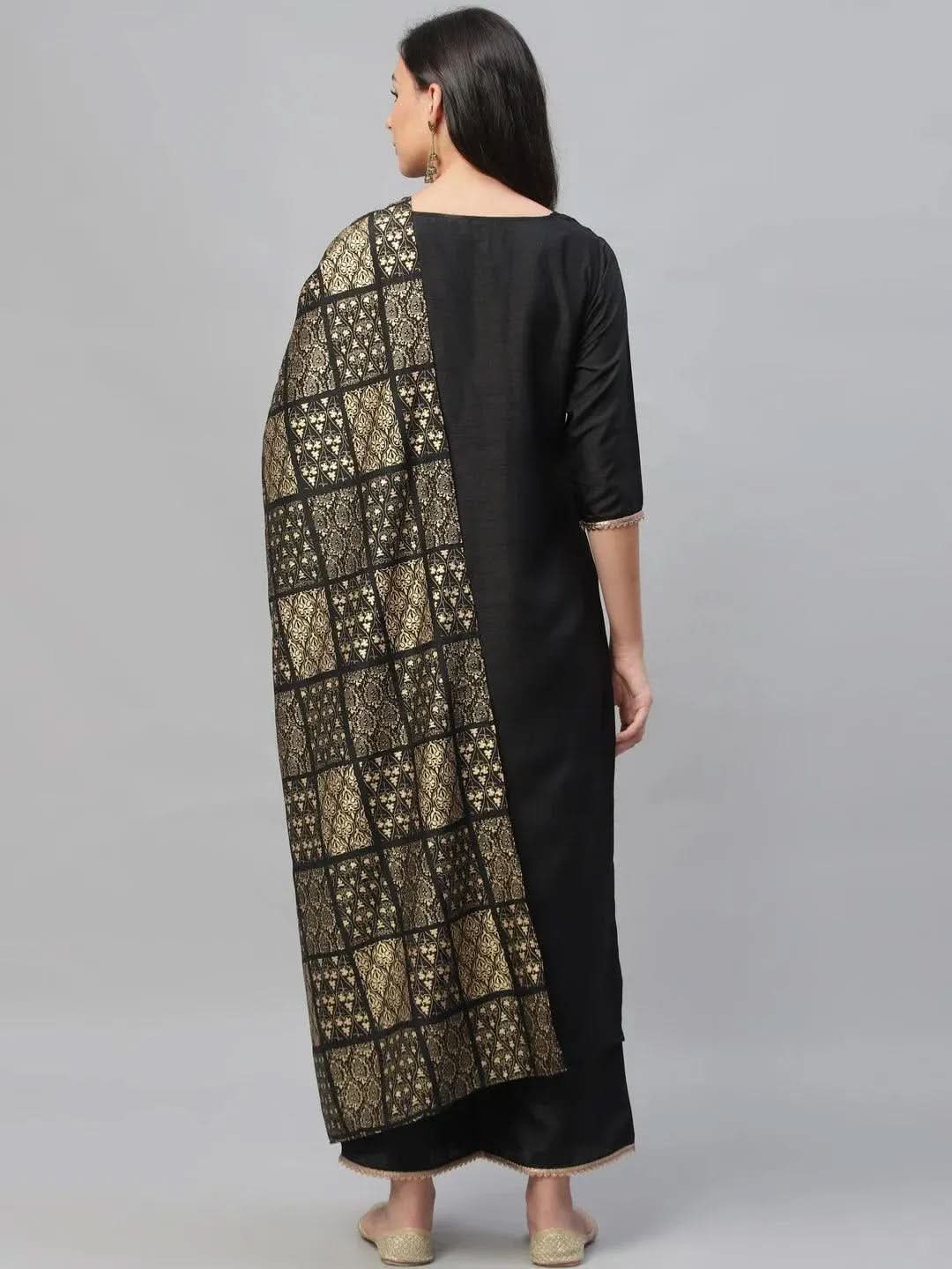 Anouk Black Solid Polyester Straight Kurta With Palazzos & Dupatta
