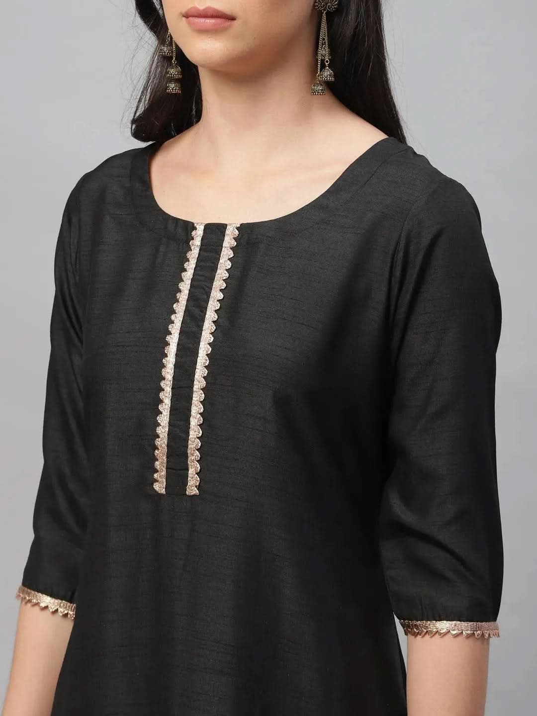 Anouk Black Solid Polyester Straight Kurta With Palazzos & Dupatta