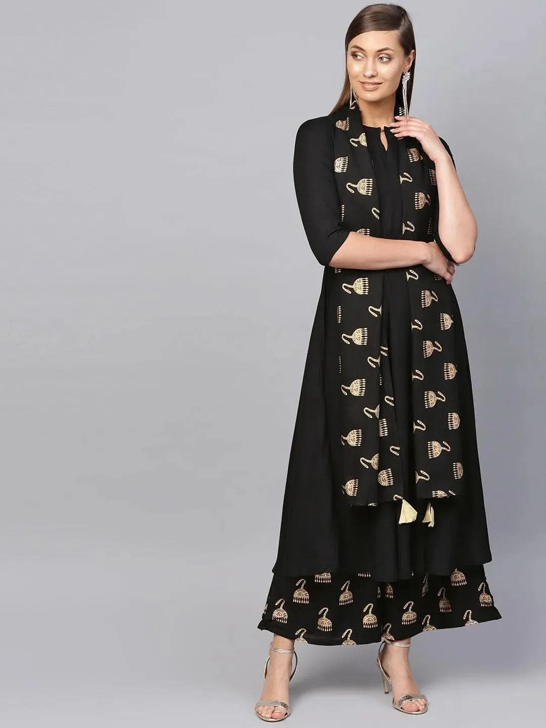 Anouk Black Solid Rayon Anarkali Kurta With Palazzos & Stole