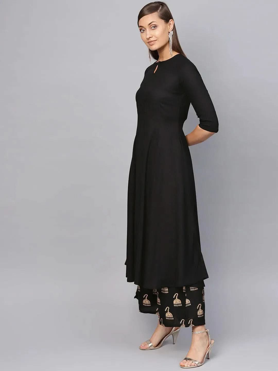 Anouk Black Solid Rayon Anarkali Kurta With Palazzos & Stole