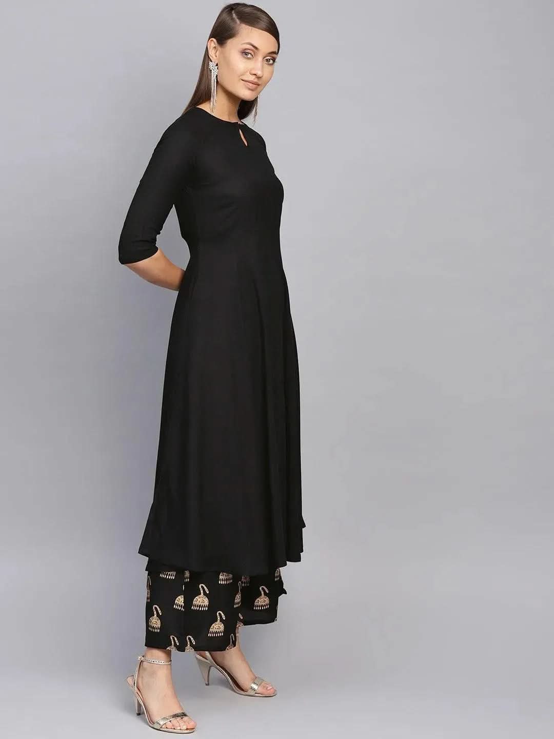 Anouk Black Solid Rayon Anarkali Kurta With Palazzos & Stole