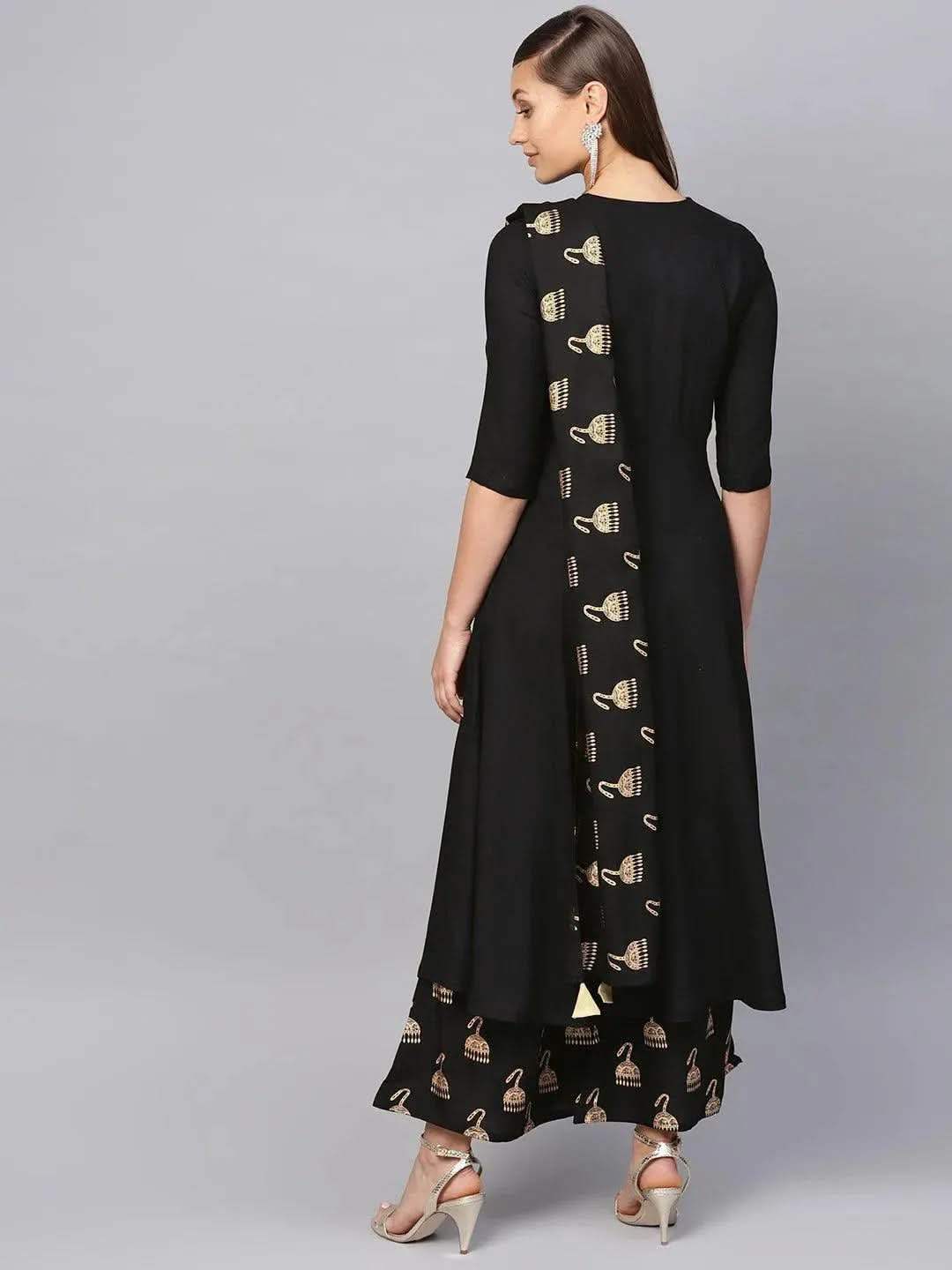 Anouk Black Solid Rayon Anarkali Kurta With Palazzos & Stole