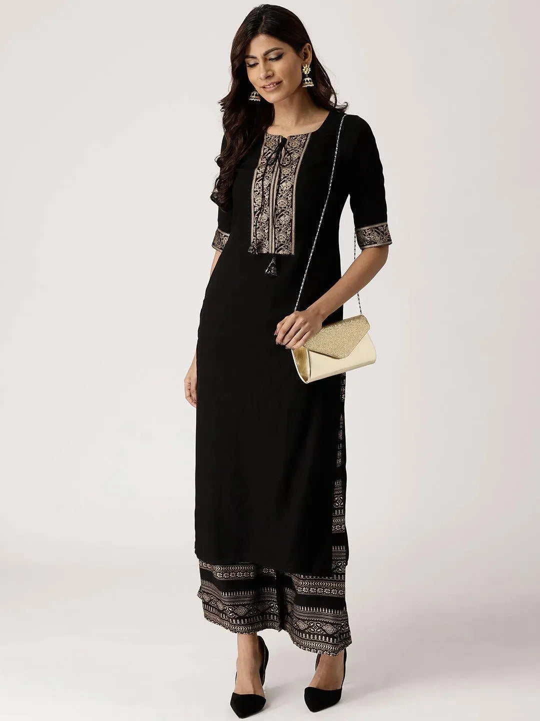 Anouk Black Solid Rayon Straight Kurta With Palazzos