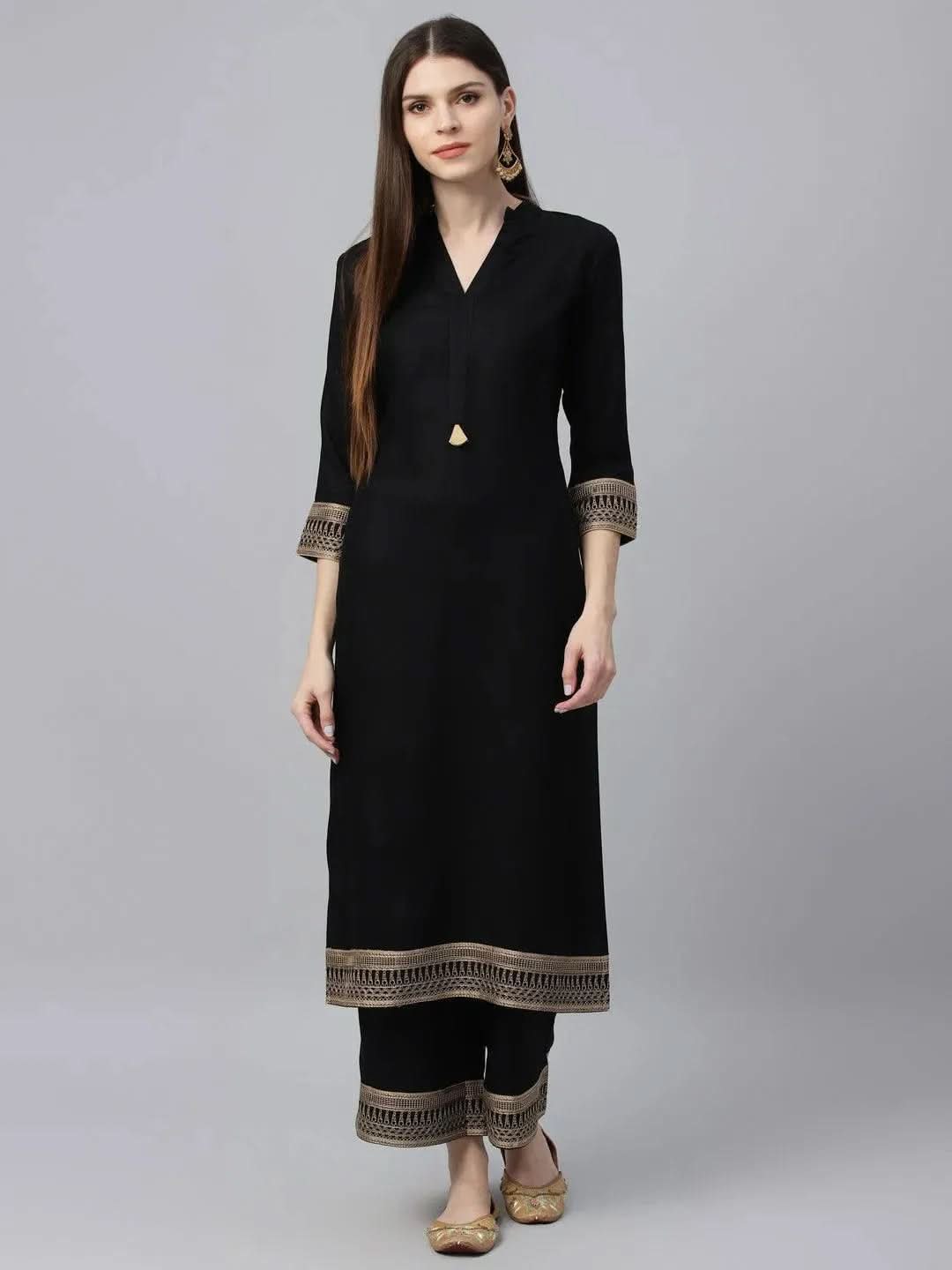 Anouk Black Solid Rayon Straight Kurta With Palazzos