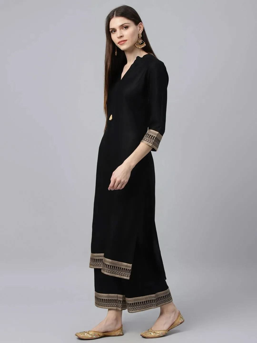 Anouk Black Solid Rayon Straight Kurta With Palazzos