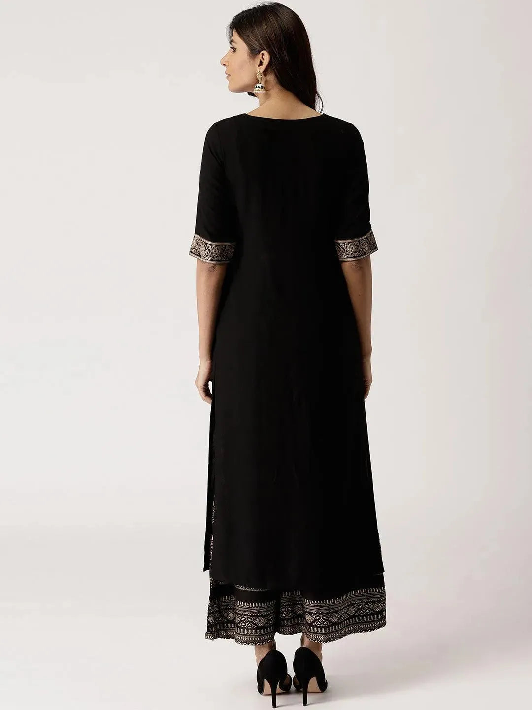 Anouk Black Solid Rayon Straight Kurta With Palazzos