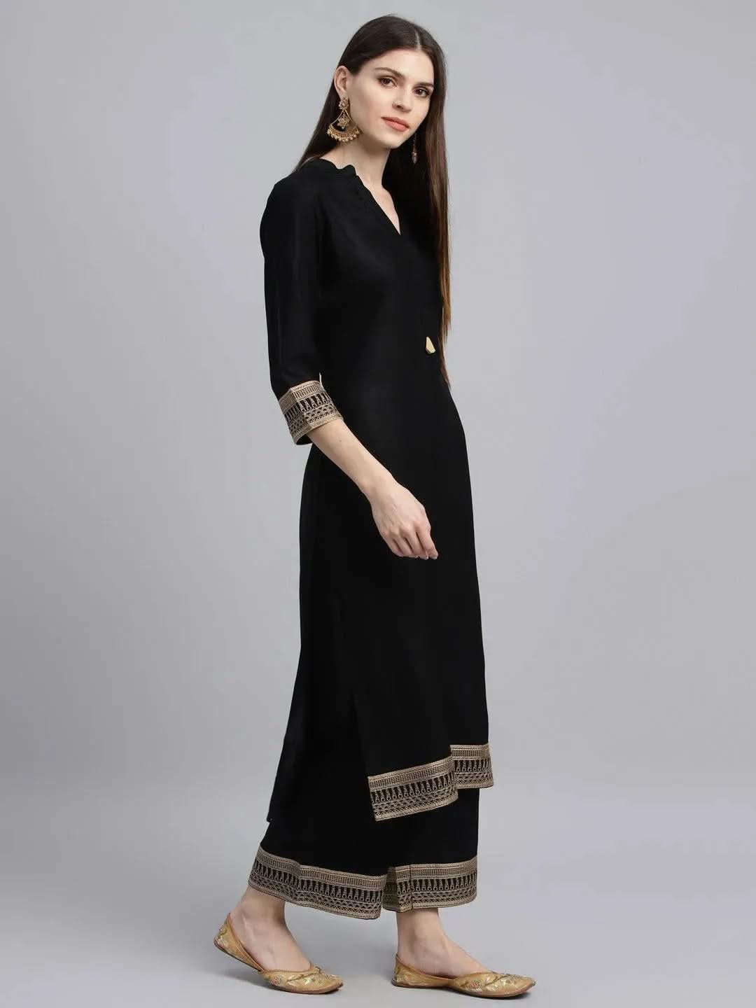 Anouk Black Solid Rayon Straight Kurta With Palazzos