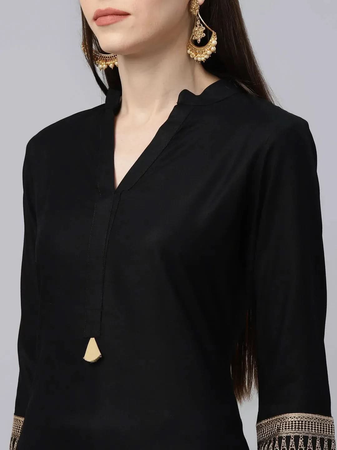 Anouk Black Solid Rayon Straight Kurta With Palazzos