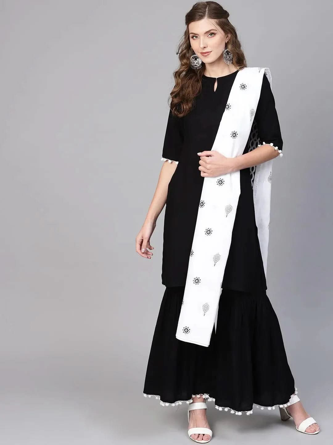 Anouk Black Solid Rayon Straight Kurta With Sharara & Dupatta