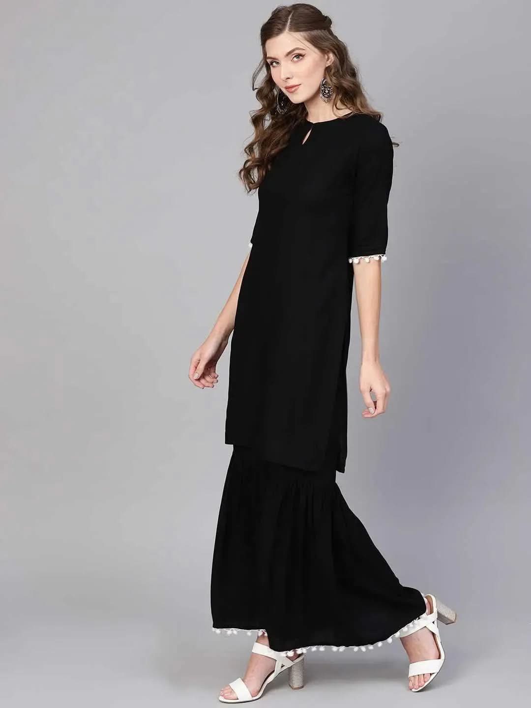 Anouk Black Solid Rayon Straight Kurta With Sharara & Dupatta