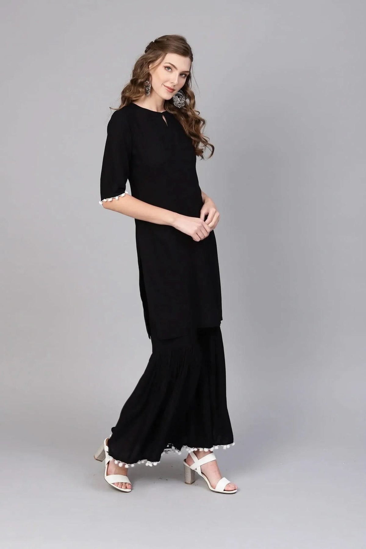 Anouk Black Solid Rayon Straight Kurta With Sharara & Dupatta