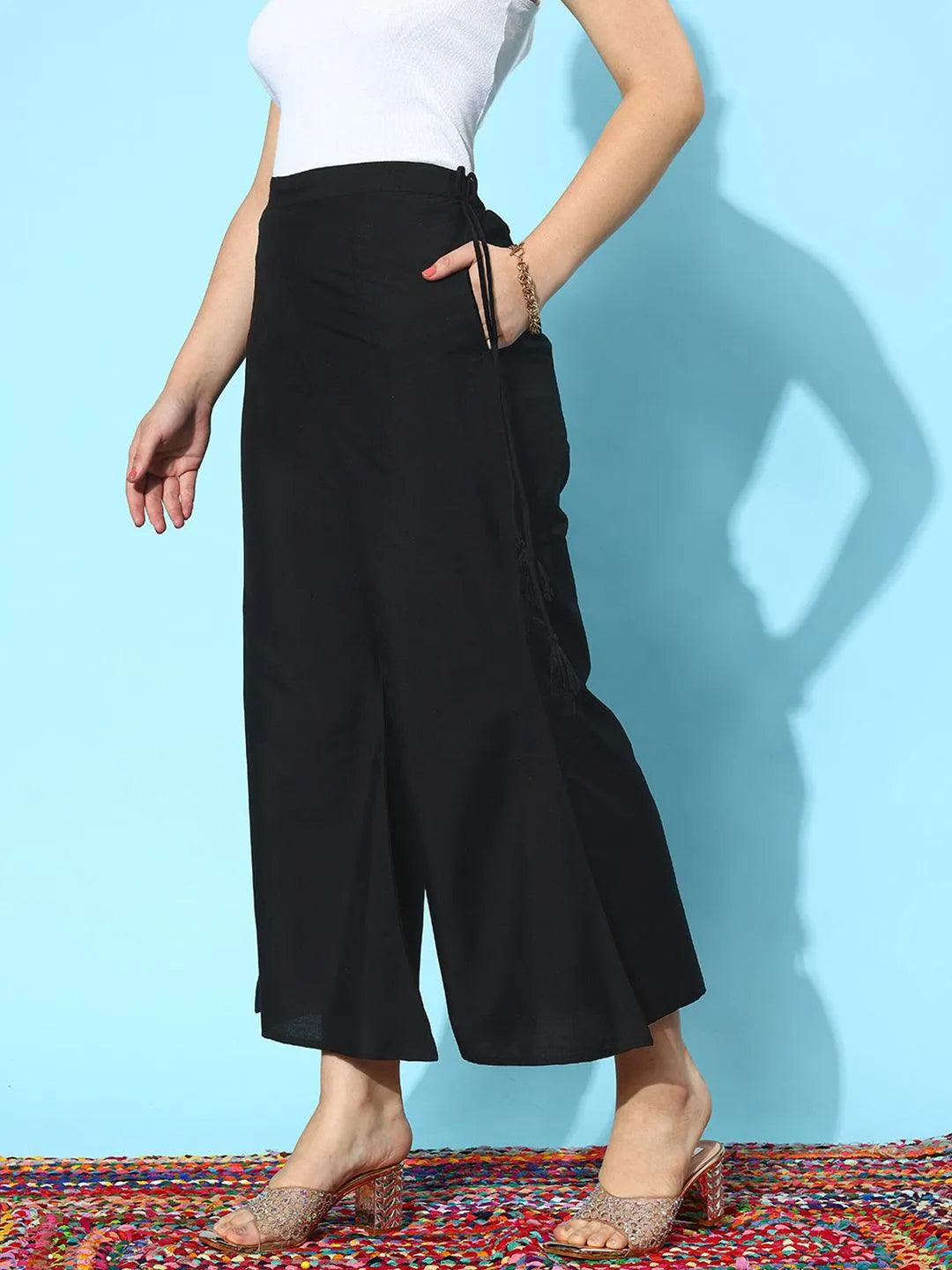 Anouk Black Solid Silk Palazzos