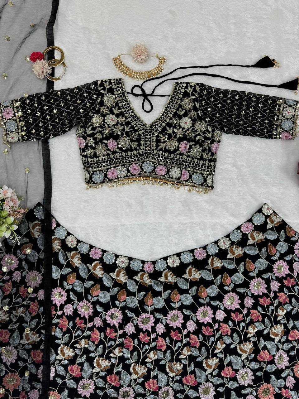 Black Stunning Fox Georgette Semi-Stitched Lehengha Set with Thread & Sequin Work