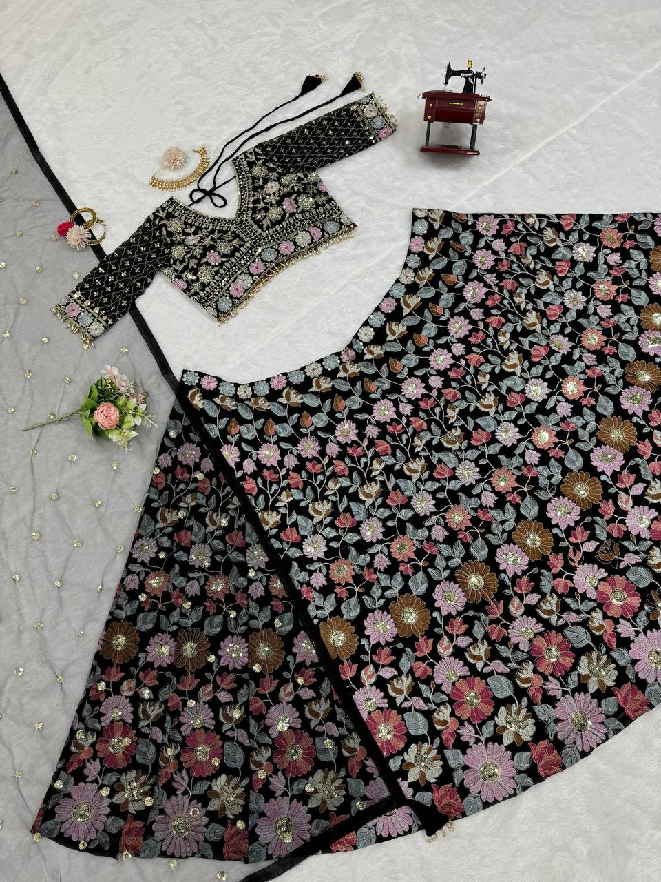 Black Stunning Fox Georgette Semi-Stitched Lehengha Set with Thread & Sequin Work