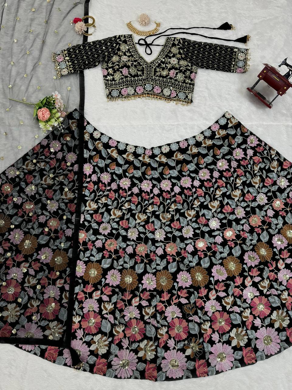 Black Stunning Fox Georgette Semi-Stitched Lehengha Set with Thread & Sequin Work