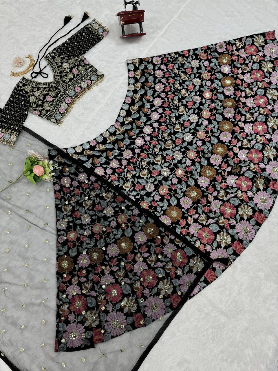 Black Stunning Fox Georgette Semi-Stitched Lehengha Set with Thread & Sequin Work