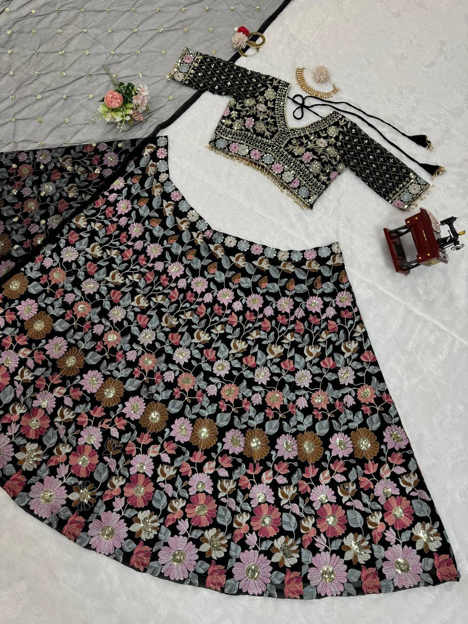 Black Stunning Fox Georgette Semi-Stitched Lehengha Set with Thread & Sequin Work
