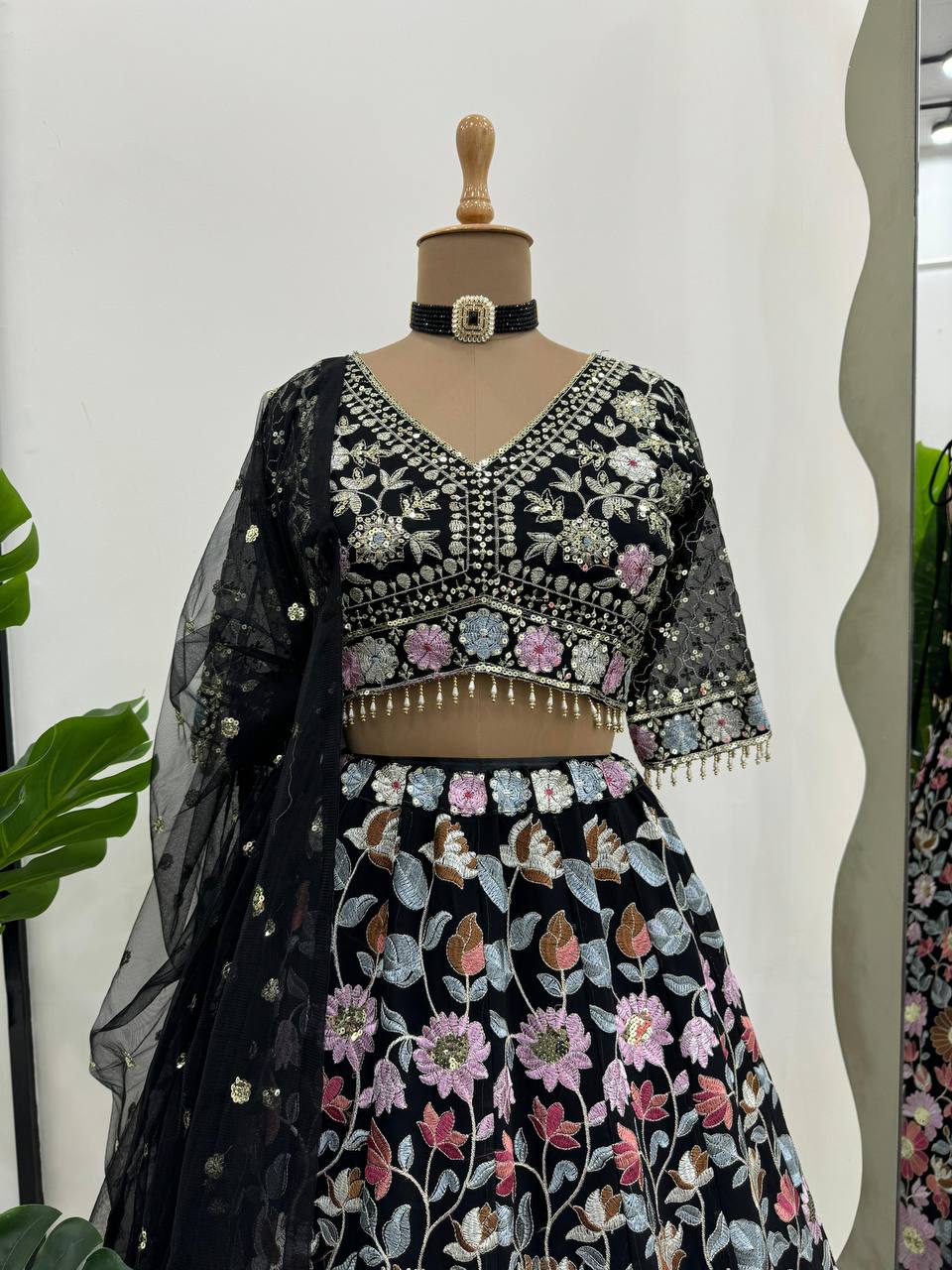 Black Stunning Fox Georgette Semi-Stitched Lehengha Set with Thread & Sequin Work