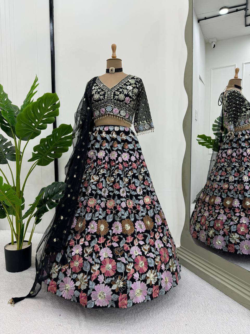 Black Stunning Fox Georgette Semi-Stitched Lehengha Set with Thread & Sequin Work