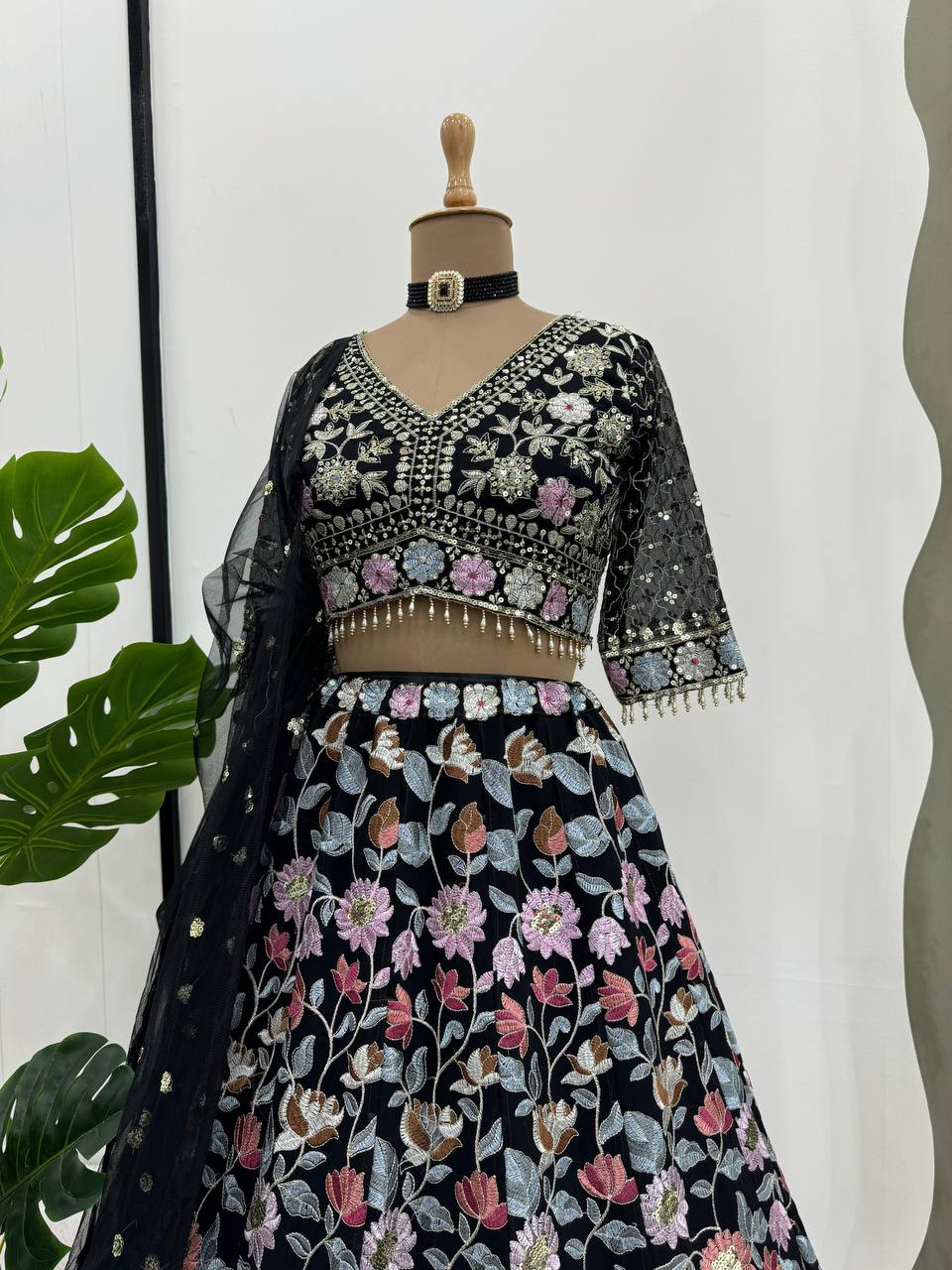 Black Stunning Fox Georgette Semi-Stitched Lehengha Set with Thread & Sequin Work