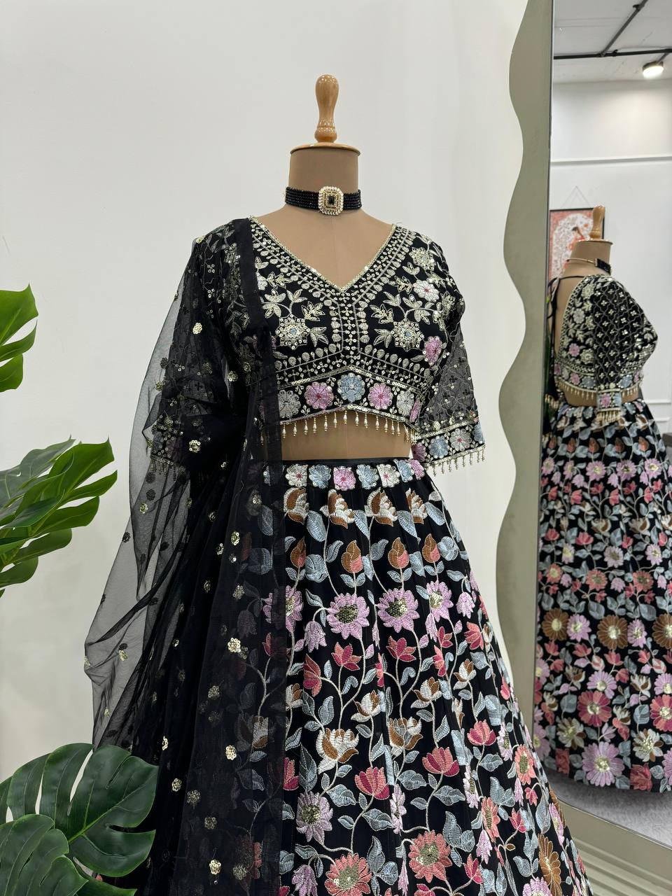 Black Stunning Fox Georgette Semi-Stitched Lehengha Set with Thread & Sequin Work