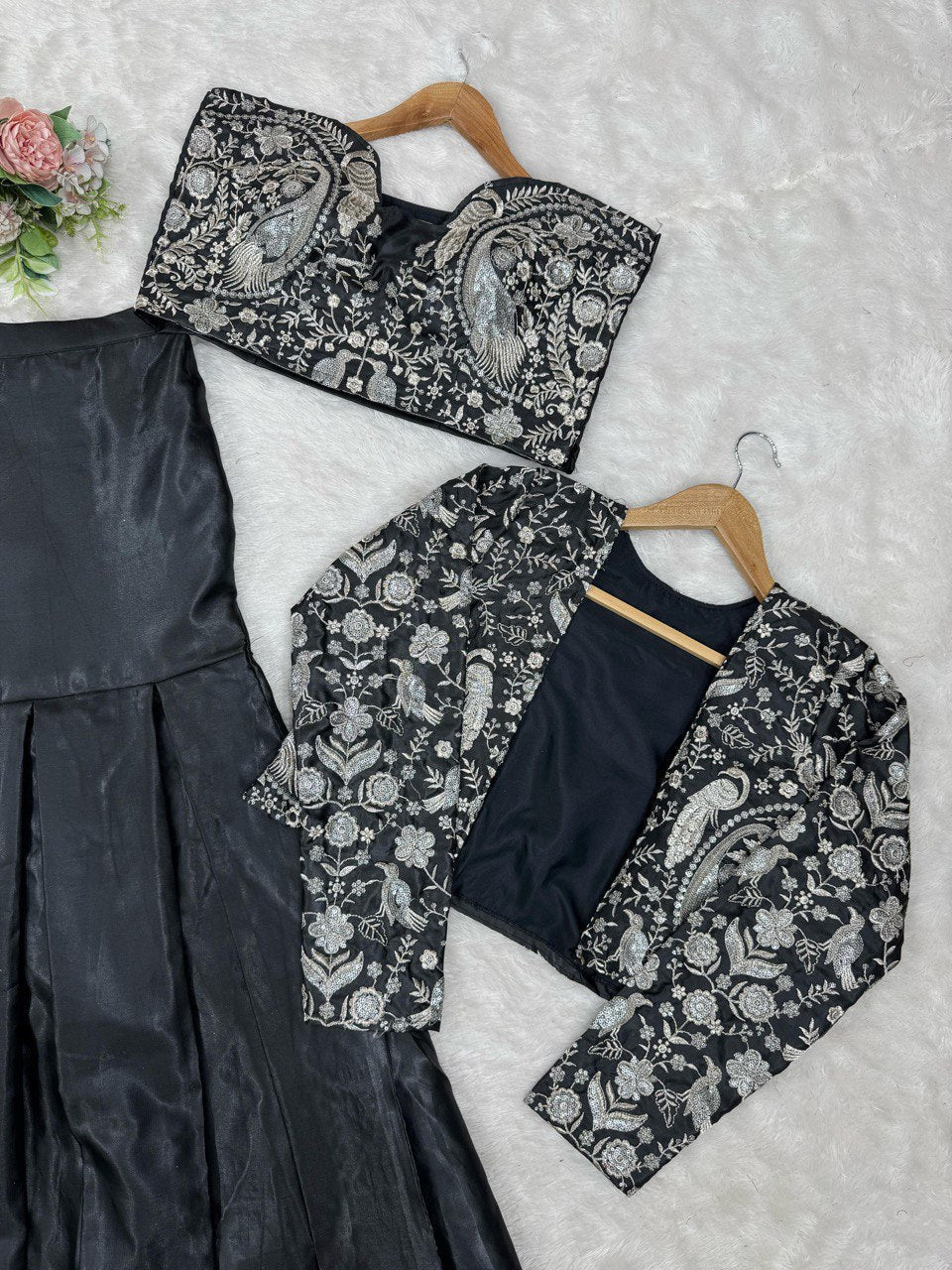 Black Trending 3-Piece Tapeta Silk Lehenga Set with Choli & Koti