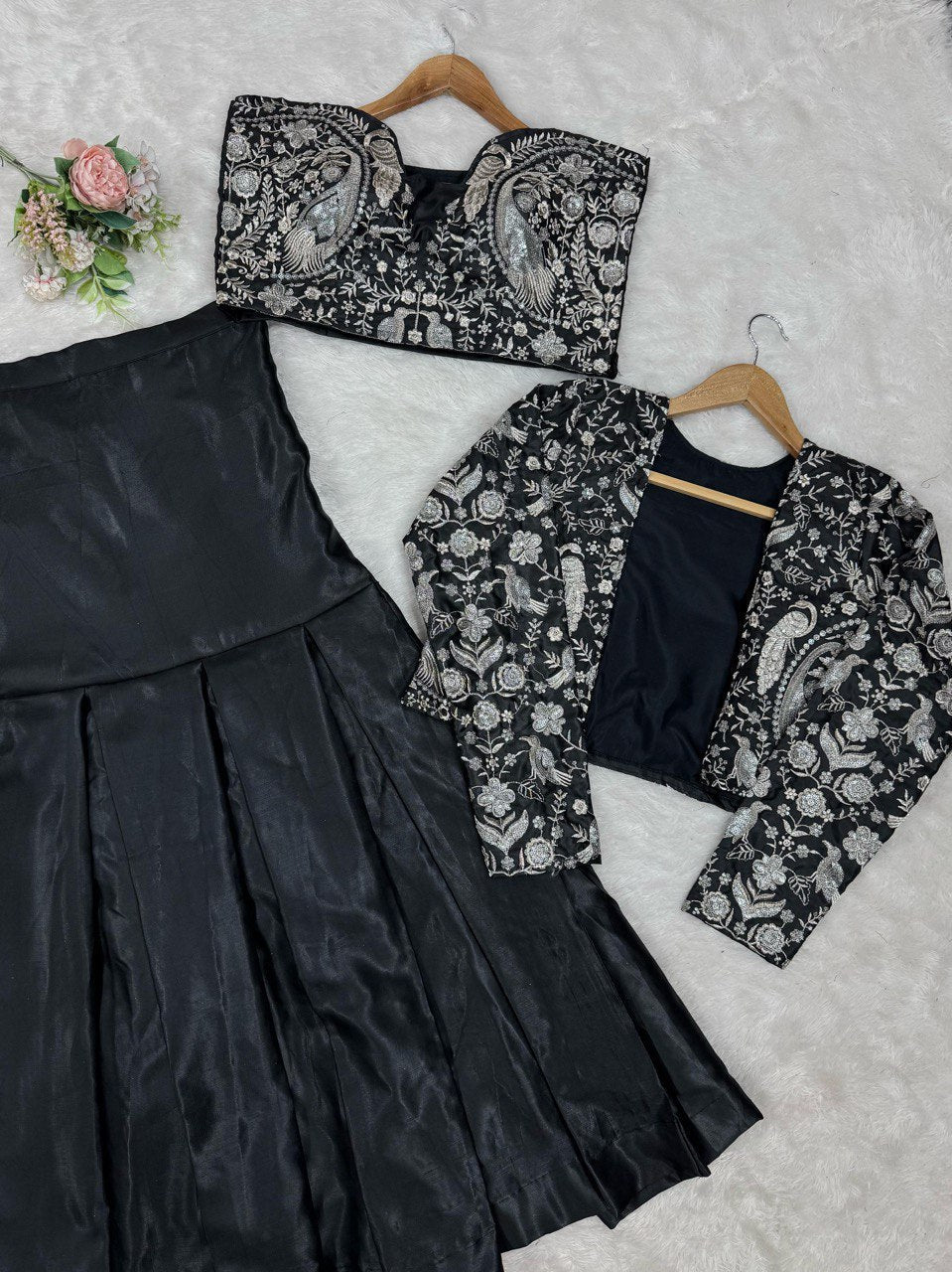 Black Trending 3-Piece Tapeta Silk Lehenga Set with Choli & Koti
