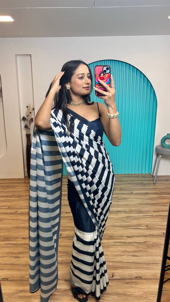 Black & White Elegant Satin Crepe Silk Digital Print Ready-to-Wear Saree