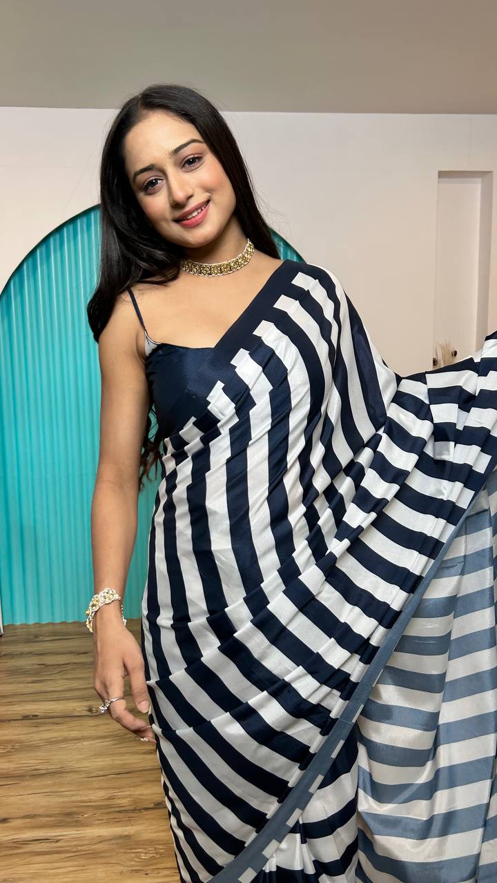 Black & White Elegant Satin Crepe Silk Digital Print Ready-to-Wear Saree
