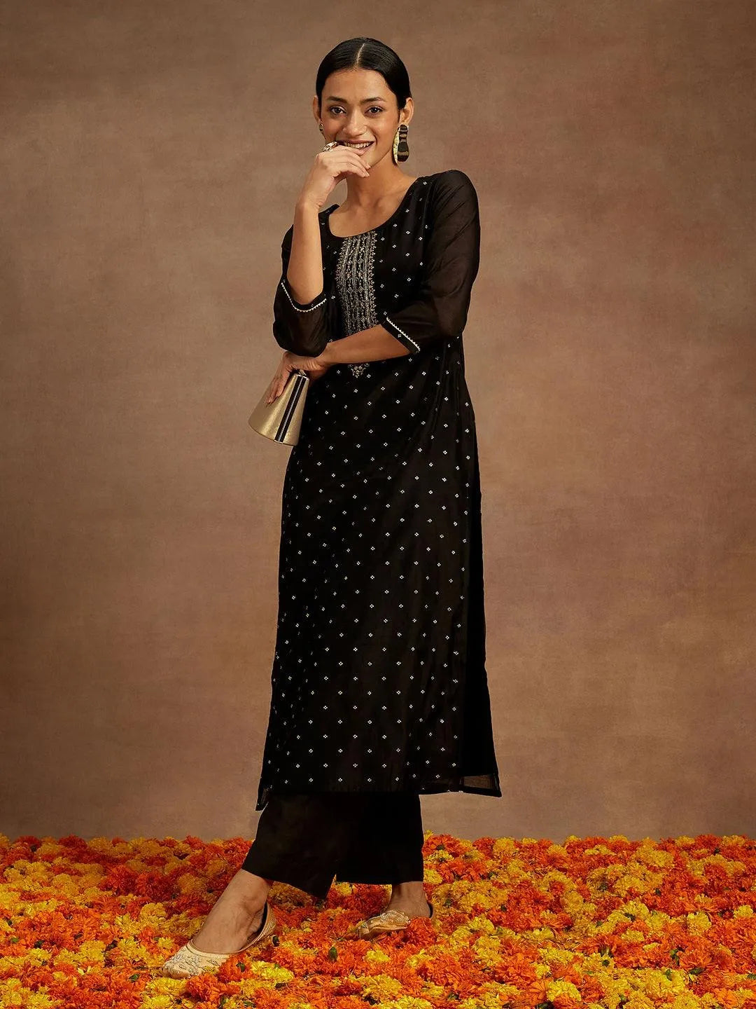 Anouk Black Woven Design Chanderi Silk Straight Kurta