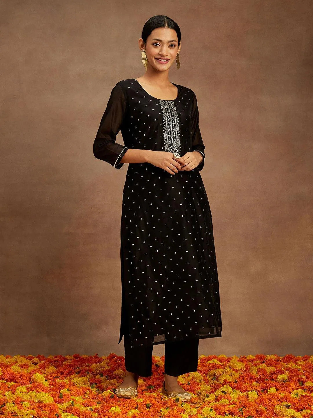 Anouk Black Woven Design Chanderi Silk Straight Kurta