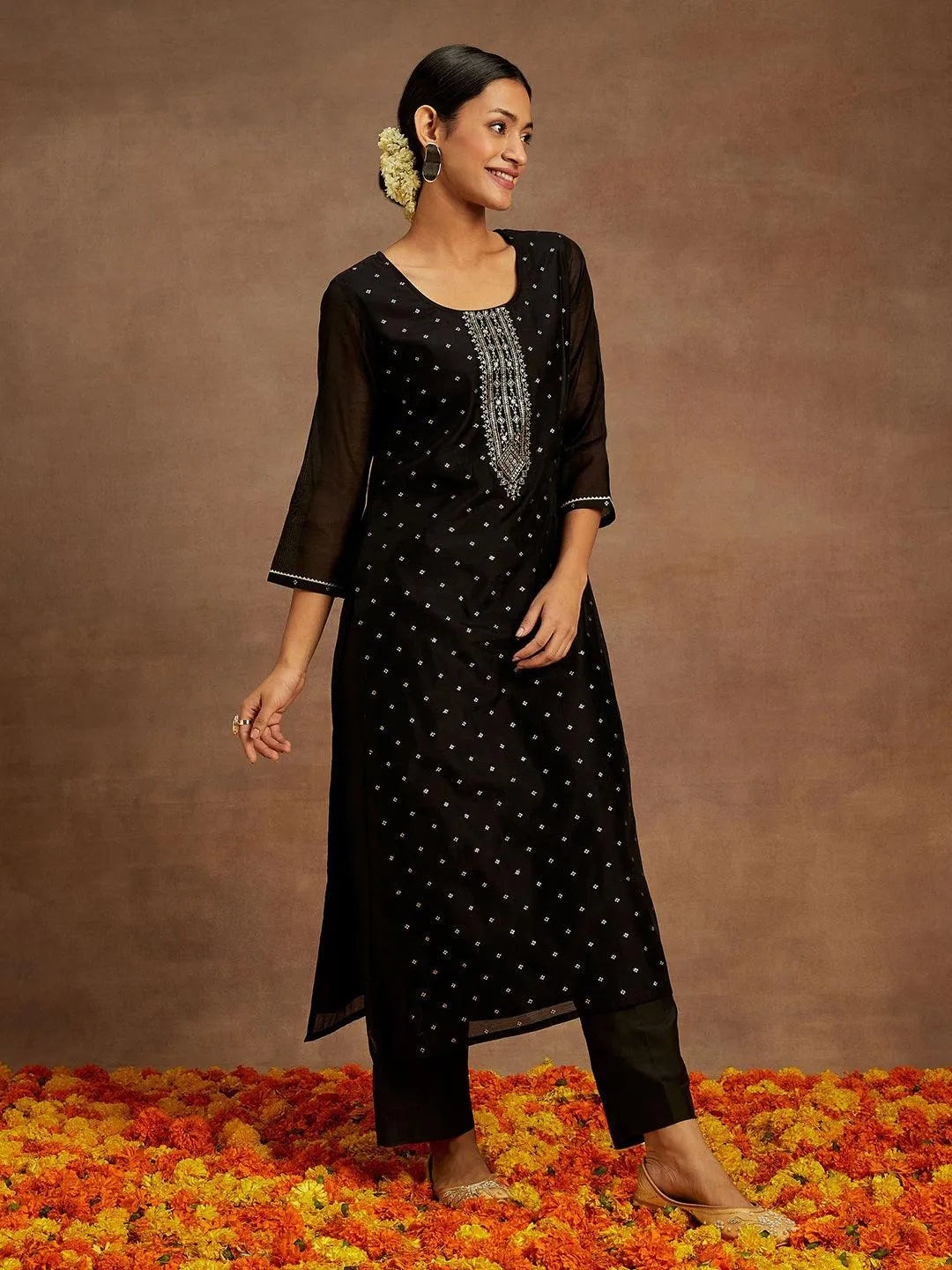 Anouk Black Woven Design Chanderi Silk Straight Kurta