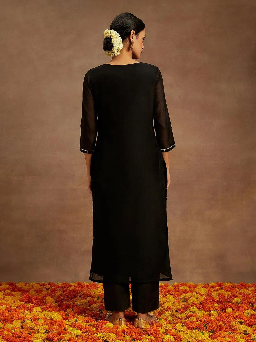 Anouk Black Woven Design Chanderi Silk Straight Kurta