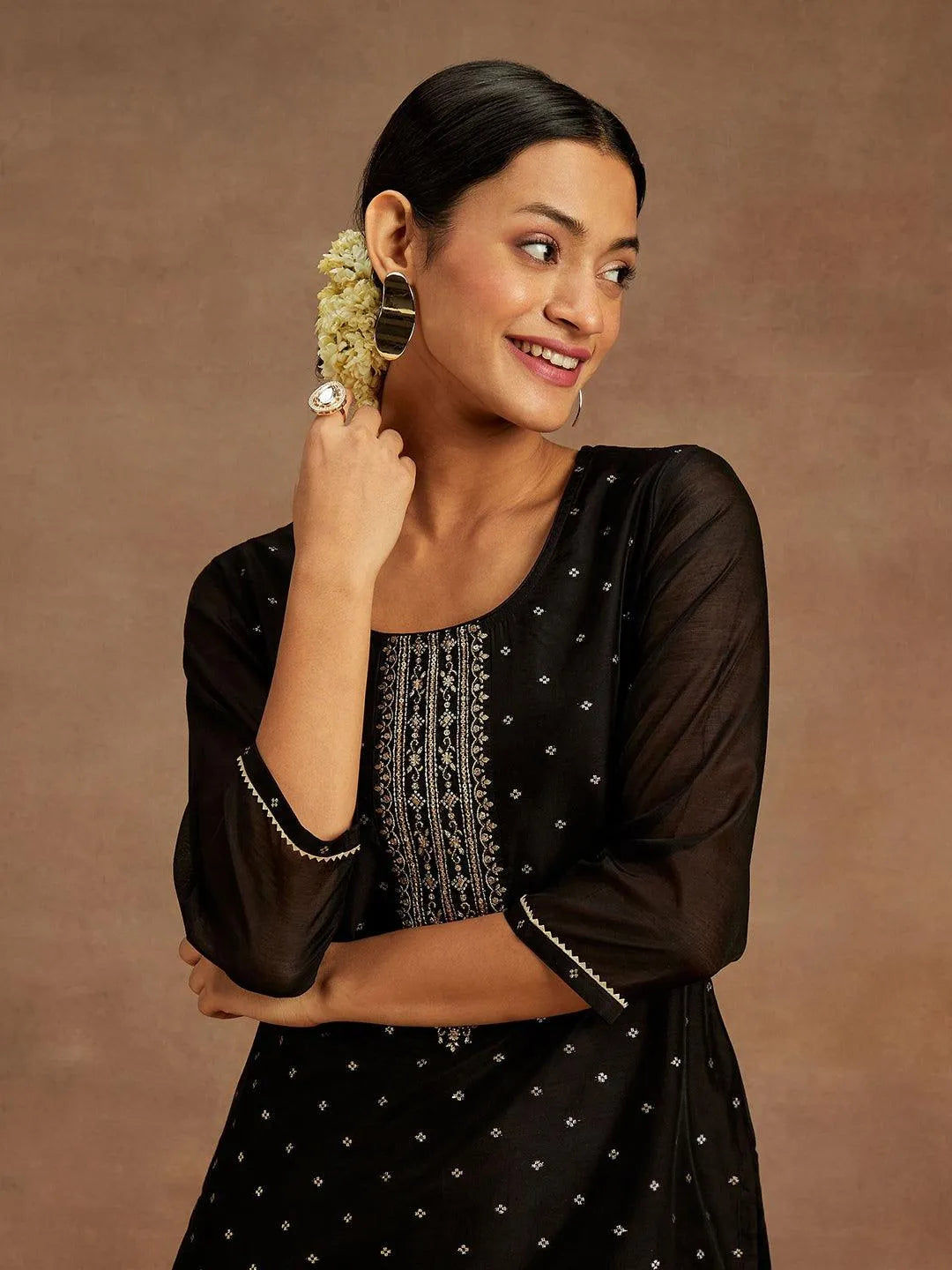 Anouk Black Woven Design Chanderi Silk Straight Kurta