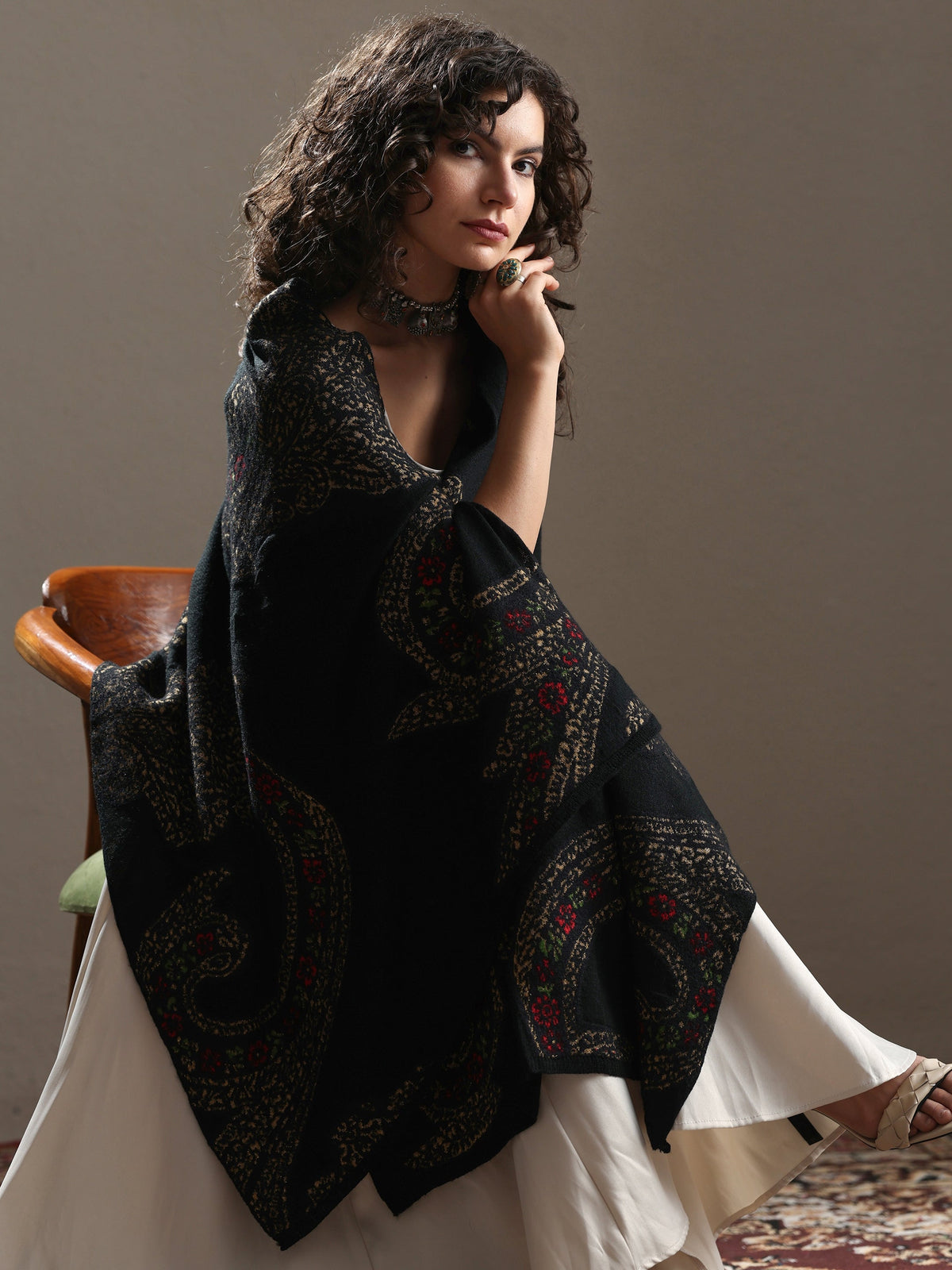 Anouk Black Woven Design Wool Women's Shawl