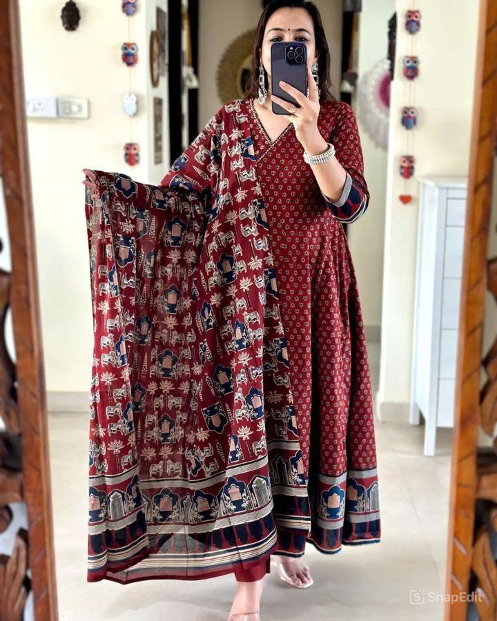 Block Print Cotton Anarkali 3-Piece Dress Set | 49" Kurti, 2.25m Dupatta